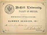 lecture ticket, William Osler, McGill Univesity, registration card, 1881.jpg (214643 bytes)